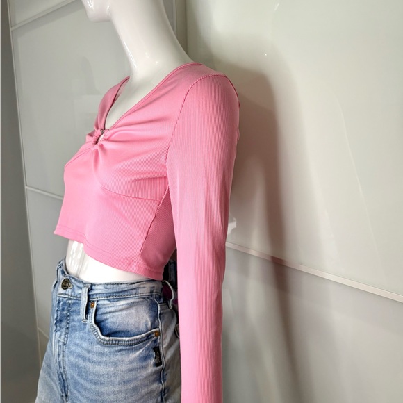 Pink Ribbed Ruched Crop Top Rhinestone Ring Y2K Long Sleeve Medium - Picture 2 of 4